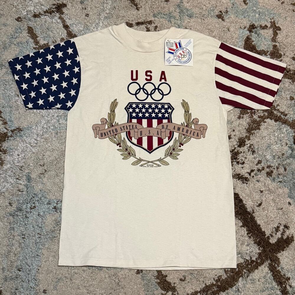 NWT Vintage 1996 USA Olympics Shirt Medium Atlanta American Flag Sleeves Hanes